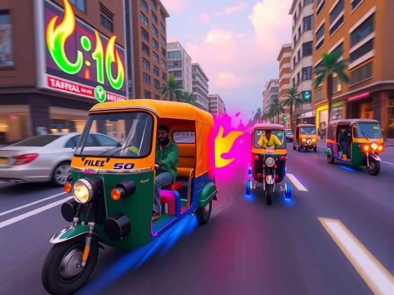 Turbo Flame Racer gameplay screenshot showing an auto-rickshaw racing on Mumbai streets